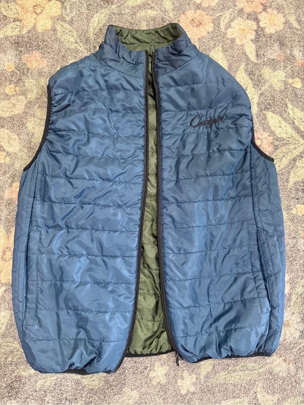 Rare Vintage Chevignon 90s Green Blue Reversible Down Puffer Vest Men’s S